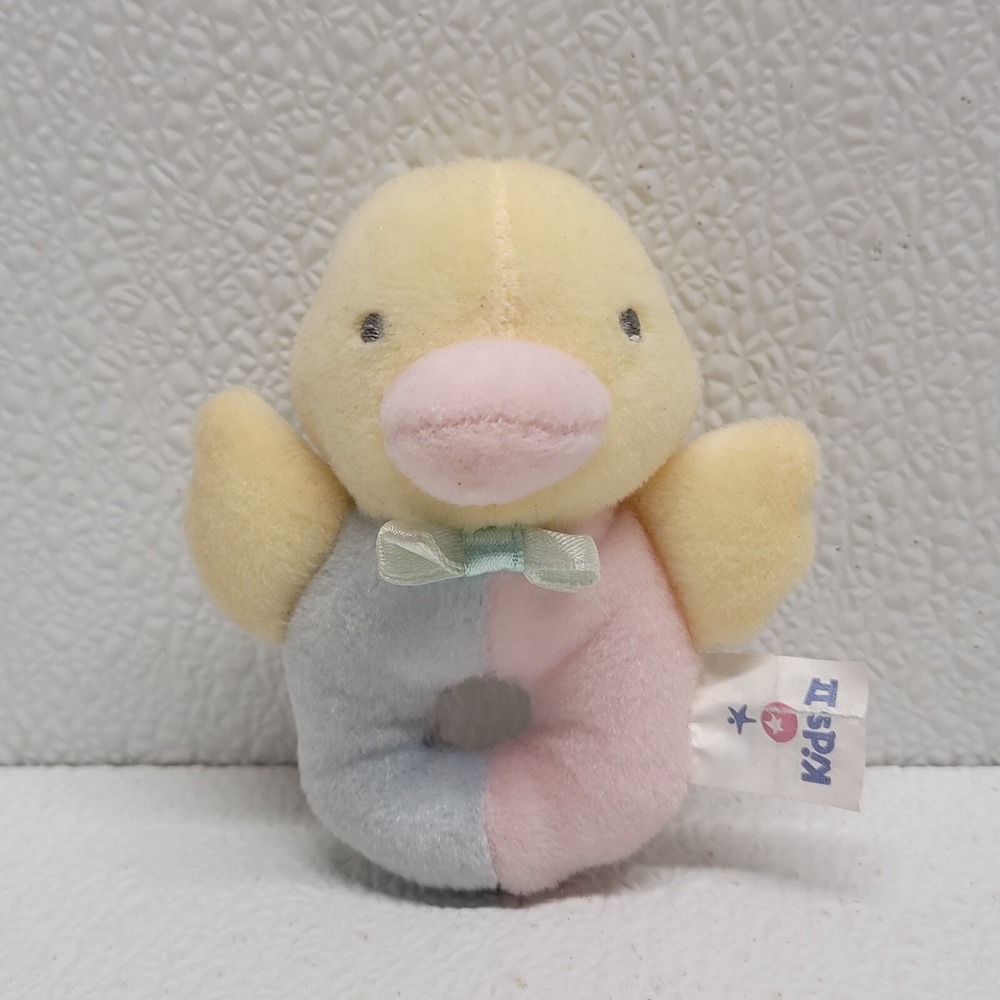 1999 Vintage Kids II Baby Ring Rattle Blue Pink Yellow Duck Plush Toy